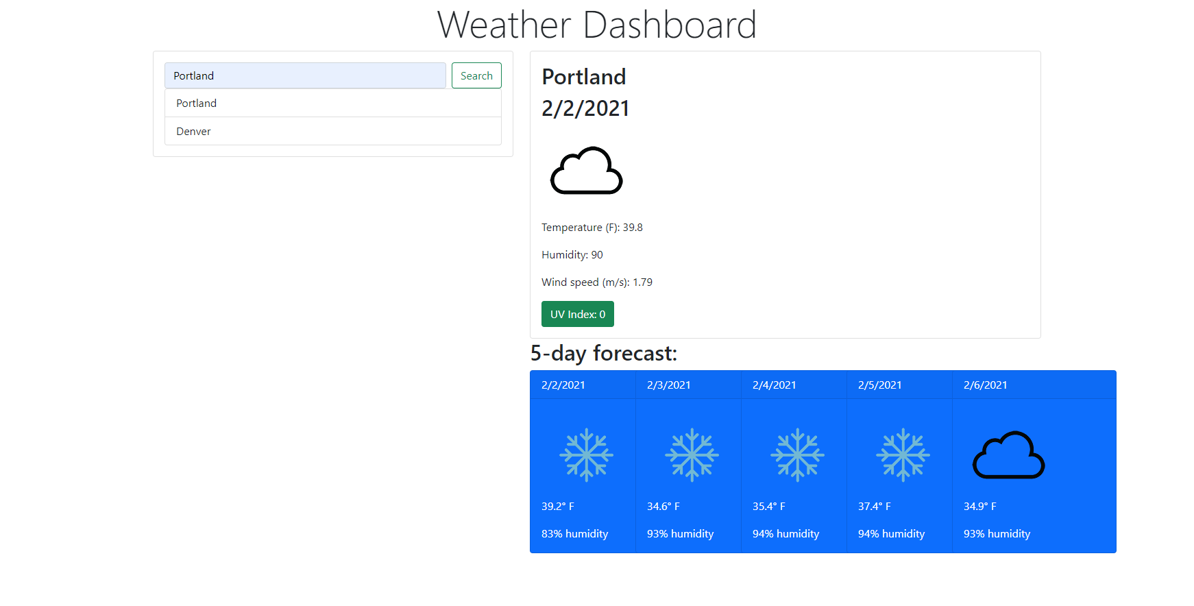 Screenshot of weather dashboard app